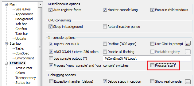 Turn off In-console option <Process 'start'>