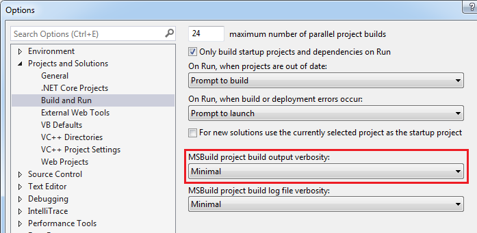 Visual Studio 2015 Build and run options