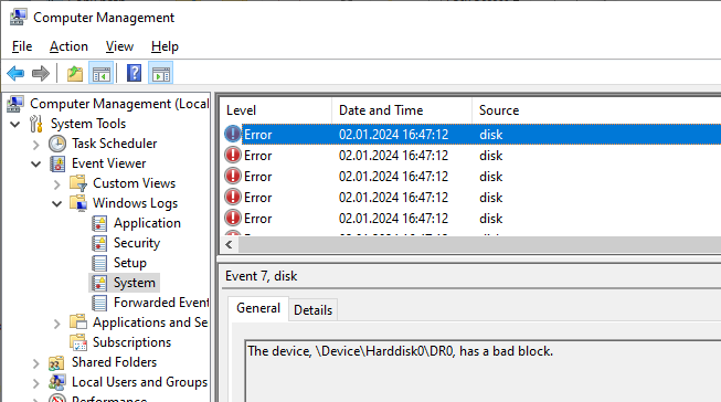 The device, \Device\Harddisk0\DR0, has a bad block